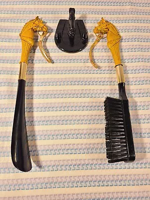 Vintage Horse Head Handle Valet Set Brush And Shoe Horn With Wall Mount • $12.77