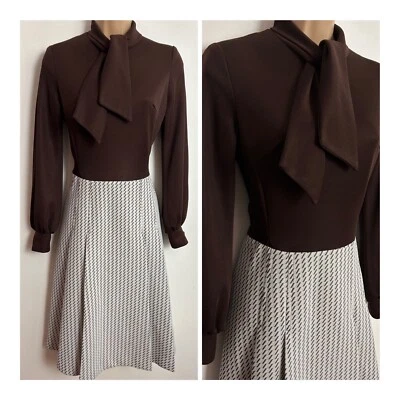 £9.99 • Buy Vintage 70s RAY ANTHONY Brown Pussy Bow Long Sleeve Mod Day Dress Size 10