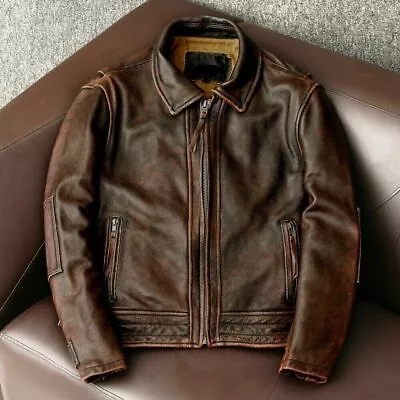 Men’s Motorcycle Vintage Cafe Racer Distressed Brown Biker Real Leather Jacket • $28