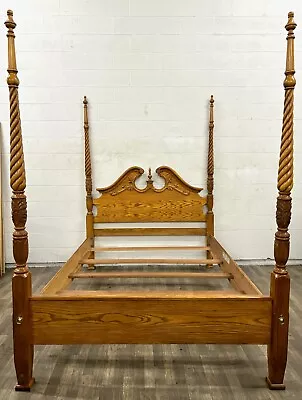 Vintage Queen Size Carved Four Poster Rice Bed With Barley Twist Posts • $1250