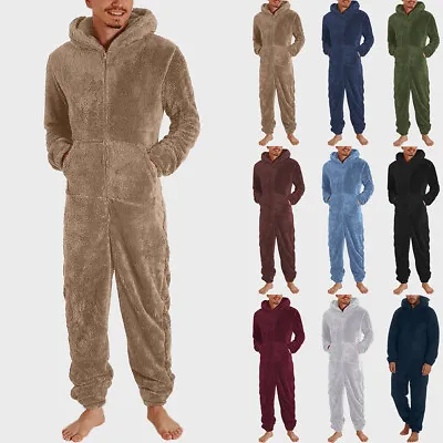 Winter Men Fleece Solid Long Sleeve Zipper Hooded Jumpsuit Mens Solid Rompers US • $45.16