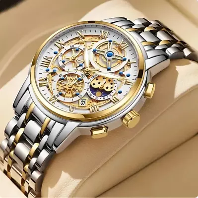 Mens Watch Luxury Skeleton Date Quartz Watch For Men Waterproof Steel Watches • £35