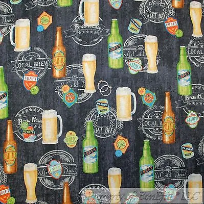 BonEful FABRIC FQ Cotton Quilt Black Gray Green Beer Brew House B&W Star Boy Men • $14.44