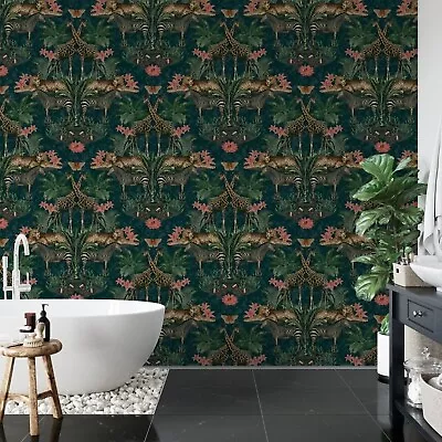 Grandeco Life Animal Kingdom Zebra Giraffes Leopards Jungle Green Pink Wallpaper • £10.89