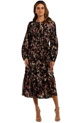 WITCHERY Size 8 Black Floral Tuck Bodice Long Sleeve Midi Dress • $79.99