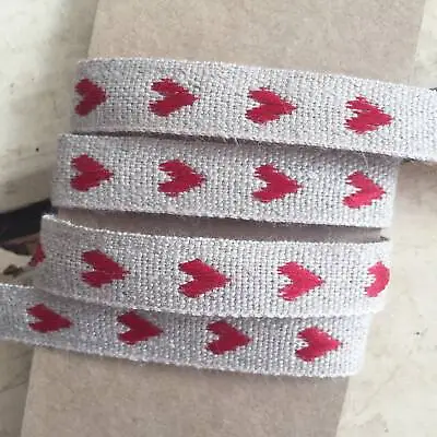 Linen Woven Heart Ribbon 10mm Rustic Red & Natural Cream | Craft Sewing Wedding • £2.95