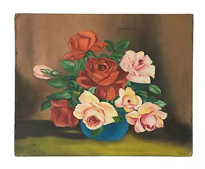 Vintage Original Oil Painting Roses In Blue Vase Shabby Chic Sold  As Is   • $58