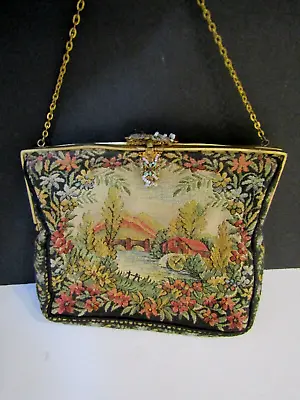 Vtg Petit Point Purse Mill Scene Tapestry FRANCE Beaded Cloisonne Closure • $45