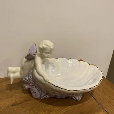 White Porcelain Angel Cherub Figure Shell Bowl Ornament Hand Painted • £30
