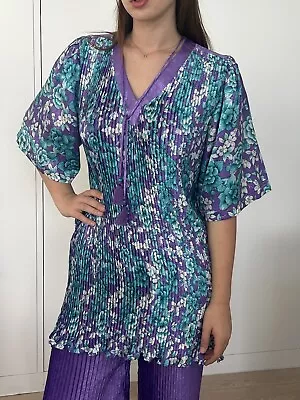 Rare Vintage M Diane Freis Pleated Shirt Pant Set Floral Purple Turquoise Blue • $24.64