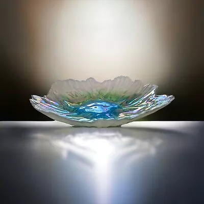 Glass Art Bowl Blue Green White Pearl Iridescent With Scalloped Edges 14.5 In • $27.99