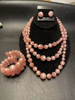 Vintage Pink Beaded Jewelry Set  Screwback Earrings Marked Sterling ￼1950s • $23
