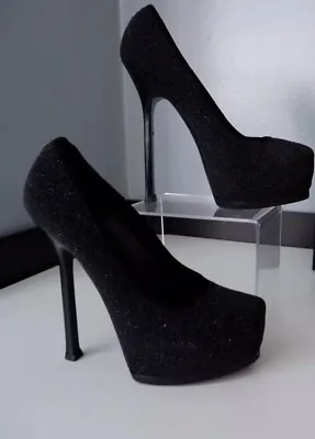 Ysl Yves Saint Laurent Tribute Black Glitter  Court Shoes Size 37.5 Uk 4.5  VGC • £177.20