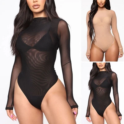 $17.81 • Buy Sexy Women Long Sleeve Bodysuit Mesh+Lace See Through Stretchy Jumpsuit Rompers