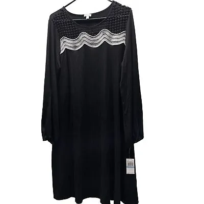 Spense Loose Sheath Dress Women's XL Black Knit Flowy 3/4 Sleeve Crochet Detail • $18.99