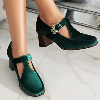 Fashion Round Toe Faux Suede T Strap Butterfly Block Heel Mary Jane Shoes Womens • $49.28