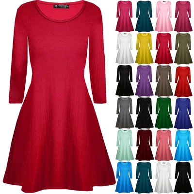 £6.99 • Buy Womens Plain Jersey Flared Long Sleeve Ladies Party Mini Swing Skater Dress 8-24