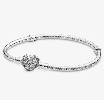 $80 • Buy Authentic PANDORA Pave HEART MOMENTS Charm Bracelet Clip Silver ALE AU Size20