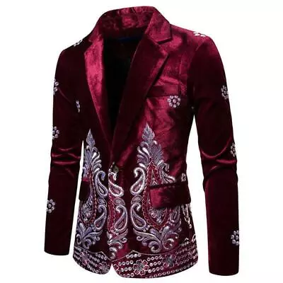 Mens Velvet Silver Embroidery Floral Formal Dress Suit Blazer Jacket Slim Coats • $49.28