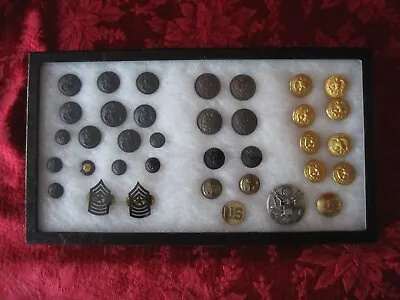 Mixed Lot Of 36 Military Uniform Buttons Pins In Glass Case US Navy Hat Pin • $40