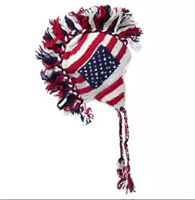 USA American Flag Knit Winter Cap Unisex Hat Handmade Mohawk Feature Great Gift! • $19