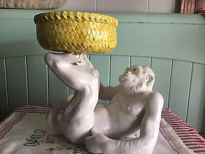 Rare Vintage Italian Ceramic Planter Monkey W/ Basket MCM White Yellow • $425