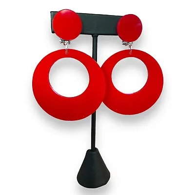 £7.99 • Buy 1960's Style Dangler Hoop Earrings, Mod Earrings Clip-on Mod Earrings Red