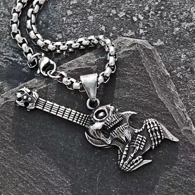 Punk Rock Skull Bass Guitar Pendant Necklace Gothic Retro Jewelry Men Unisex 24  • $11.99