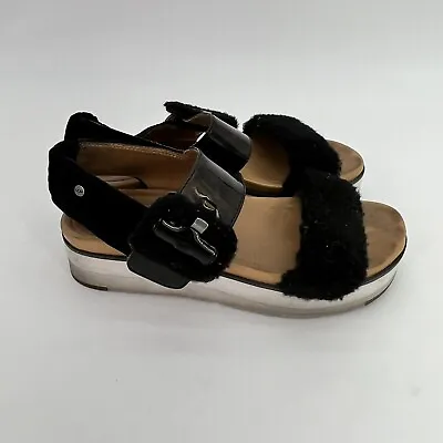 UGG Le Fluff Womens Size 7.5 Black Patent Fuzzy Strap Platform Sandals • $24.97