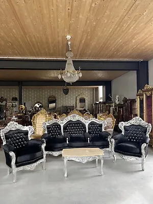 French Louis Style Settee Black Velvet Retro Baroque Handmade Home Deco Sofa Set • £1957.81