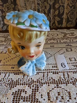 Vintage Head Vase Winking Girl Blonde Bow Blue Daisy Flowers 5   Lot # 6 • $44.99