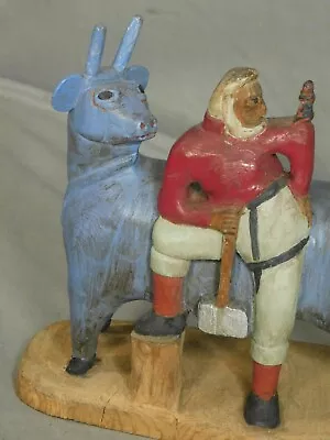 Vintage Outsider Wood Carving Paul Bunyan Babe Ox POLYCHROME Paint Lavere Mason • $278