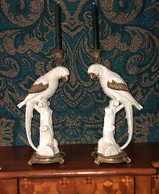 White Macaw Bird Candle Holder Pair-Ceramic And Brass • $375