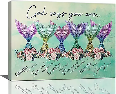 Mermaid Tail Wall Art Little Girls Inspirational Room Decor God Says You Are Can • $38.54