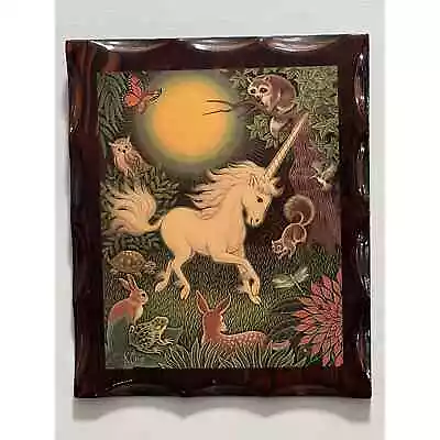 Rare Find! Vintage Signed 1970s Unicorn Wall Art By K. Chin Wood Plaque 12x10  • $25