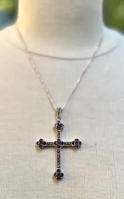 Amethyst/Marcasite 925 SS Cross With  I8 Inch Chain NWOT • $64