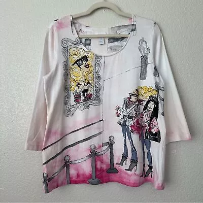 Chico’s Museum Barbie Print Rhinestone 3/4 Sleeves Top • $38