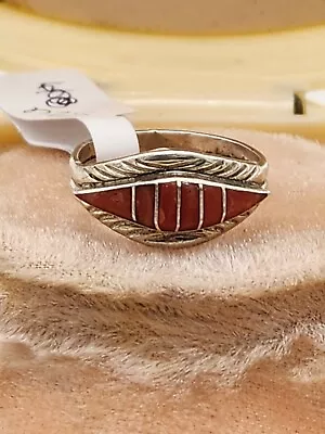 Native American Sterling Silver Coral Inlay Ring Size 6 • $47.99