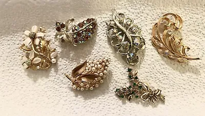 Lot Of 6 Vtg Rhinestone Faux Pearl Brooch Pins-leaf/floral • $24