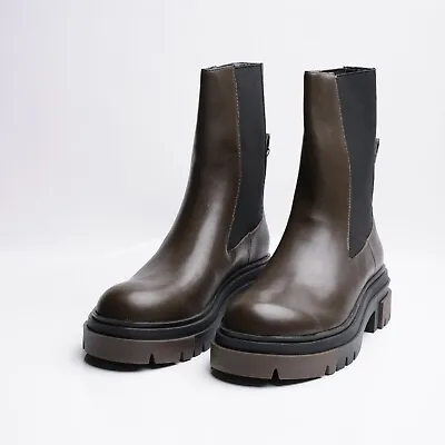 $119.99 • Buy Zara Womens Chelsea Khaki Leather Ankle Boots Lug Soles EU 38 US 7.5 1176/810