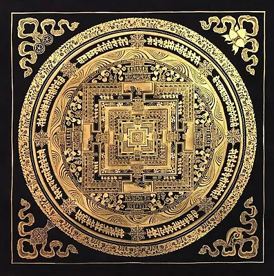 Blessed Black & Gold Kalachakra Mandala Thangka Painting Hand Painted Wall Art • $143.55