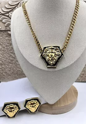 Vintage Anne Klein Lion Head Pendant 18” Chunky Curb Necklace Earrings Set • $79.99