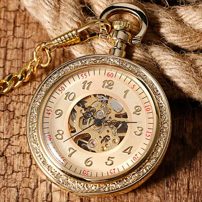 Mens Skeleton Pocket Watch Mechanical Golden Windup Open Face Analog Pendant • $17.85