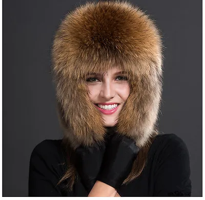 Women's Real Raccoon Fur Hat Russian Winter Warmer Ear Cap Ushanka Cossack Ski • $33.99