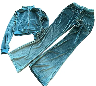 Velour Tracksuit Women Small Light  Blue Flared Pants Crop Jacket Hoodie Y2K • $22.92