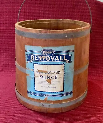 Antique Metal Banded Wood Firkin Bucket H.A. Johnson Bestovall Mince Meat Label • $95