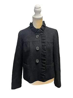 J. Crew Blazer Jacket 100% Wool Ruffle Button Up Women's Size 6/Small Grey Black • $22.50