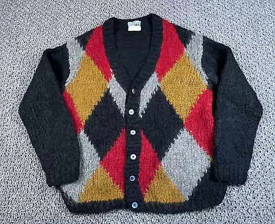 VTG Hand Made Mohair Argyle Pattern Cardigan Adult XL Black Sweater Italy 60s • $175