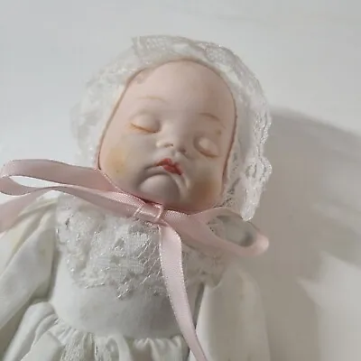 Vintage Porcelain And Cloth Sleeping Baby Doll Beautiful Dress Abd Bonnet • $29.98