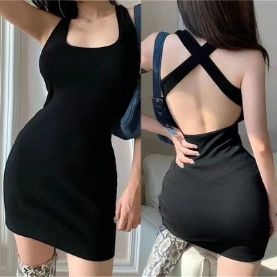 $14.36 • Buy Women Sleeveless Halter Sexy Crisscross Backless Solid Color Bodycon Mini Dress
